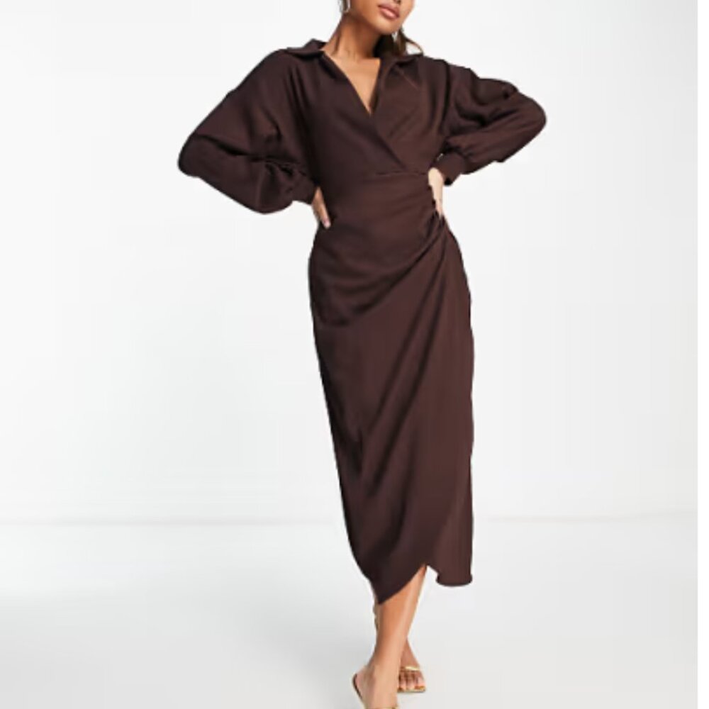 ASOS DESIGN textured collared wrap midi dress in brown